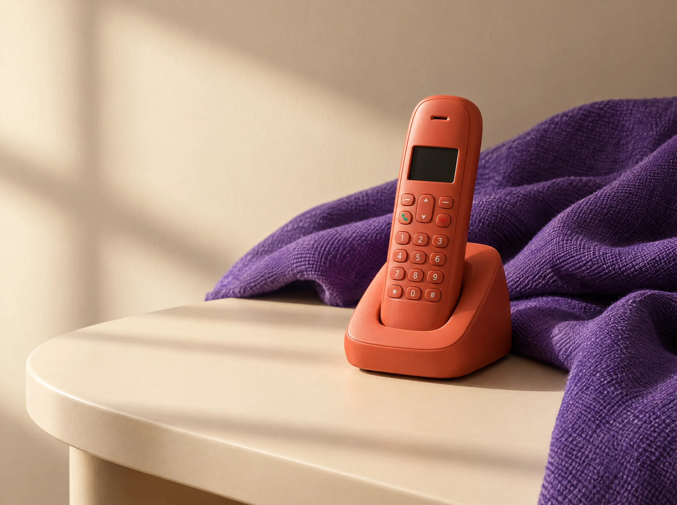 An ordinary coral telephone resting on a cream table beside violet fabric.