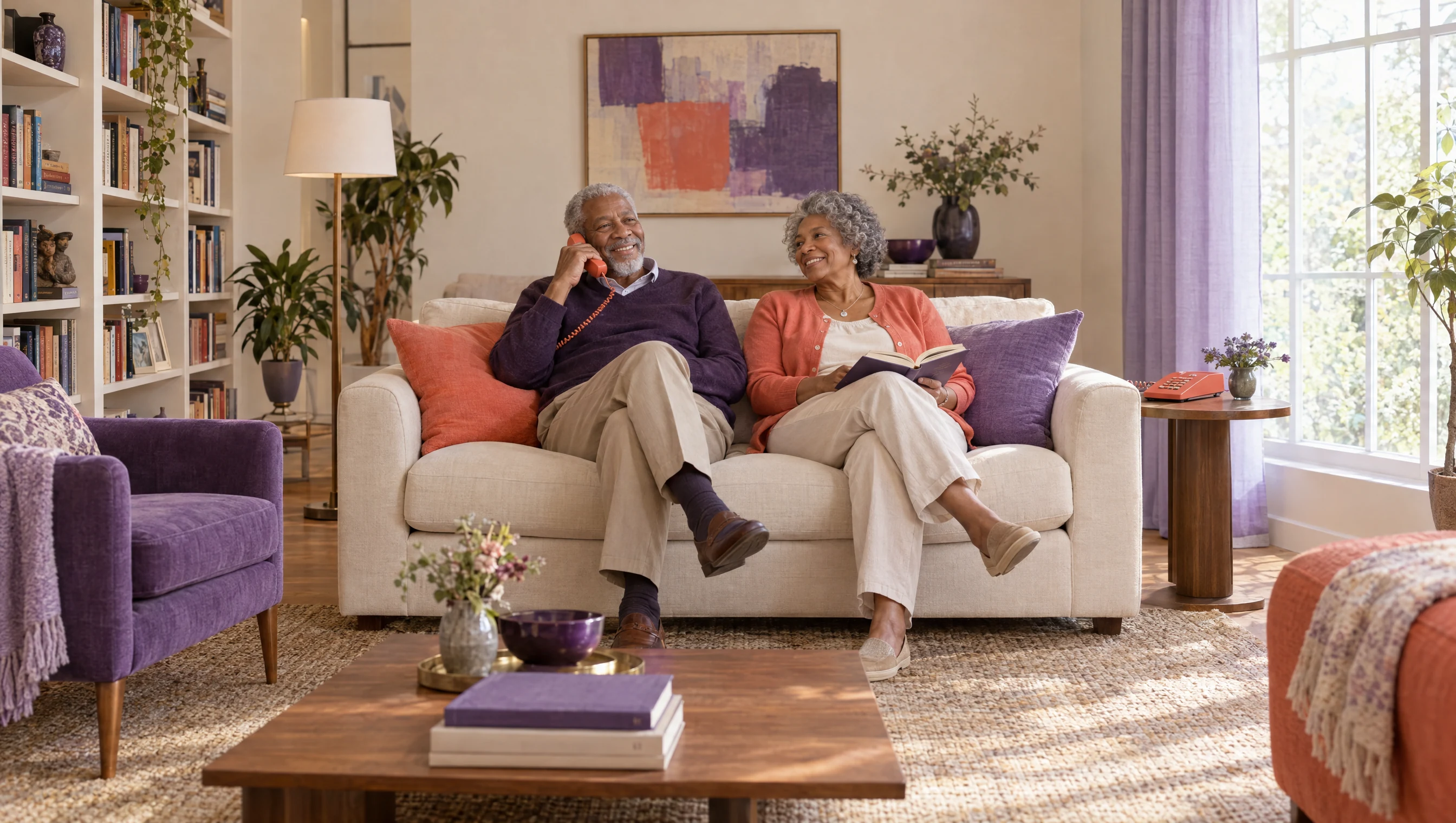 Two older adults spending a quiet moment together in their home.
